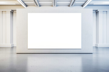 Blank white poster in a gallery with white walls, large frame, contemporary exhibition space...