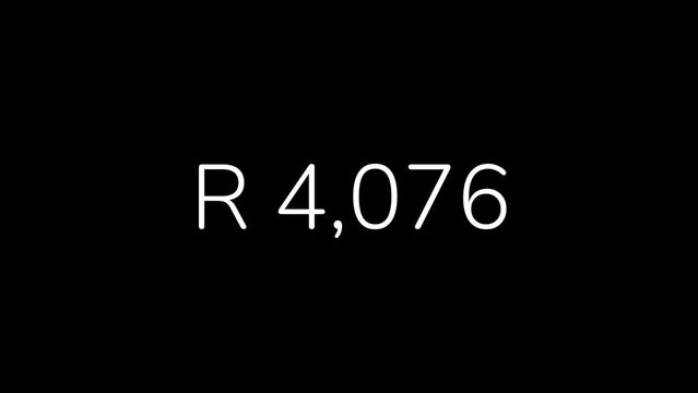 South African Rand Amount Counting from 0 to 1 Million in 60 Seconds Animation. HD Resolution Animation. Minimalist Style with Transparent Background. Alpha Channel Included.
