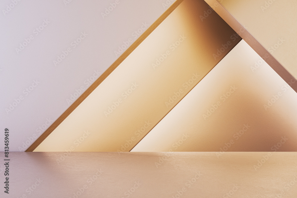 Poster Empty beige triangular gallery wall with mock up place. Museum concept. 3D Rendering.