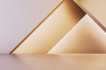 Empty beige triangular gallery wall with mock up place. Museum concept. 3D Rendering.