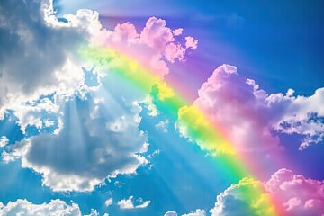 Fototapeta premium Generative ai on theme of beautiful tranquil landscape with magical bright rainbow at cloudy sky
