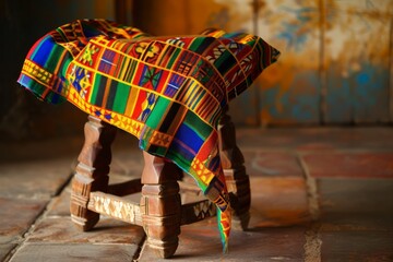 Naklejka premium A Ghanaian kente cloth draped over a traditional wooden stool, with vibrant colors and intricate woven patterns symbolizing cultural pride, Generative AI