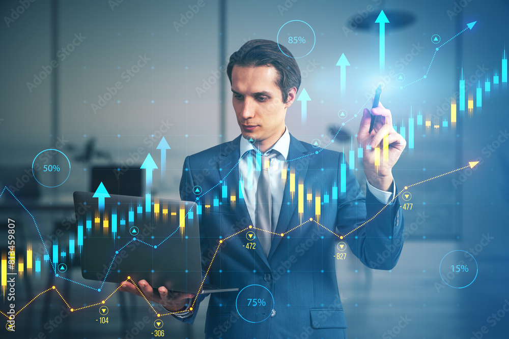 Poster Businessman interacting with futuristic interface showing graphs and data, on a blurred office background, concept of analytics