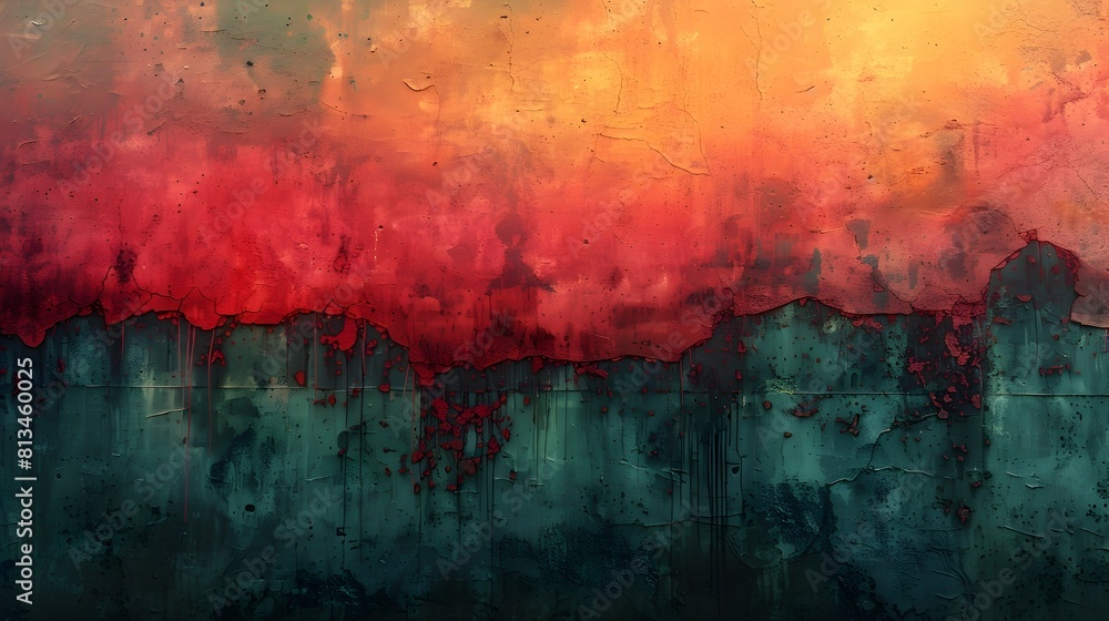 Poster Vibrant and Grungy Abstract Textured Background with Striking Splatter Effect and Moody Color Palette description This image depicts a vibrant and