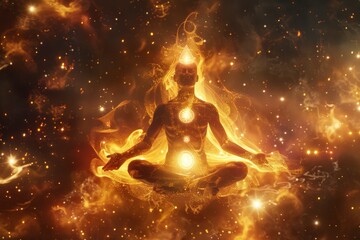 Golden silhouette of man meditating in lotus yoga pose in cosmos, chakras are shining beautifully. Background is colorful cosmos. Esoteric, spirituality, connection to soul and universe.