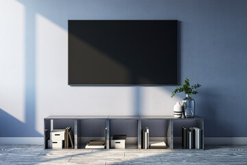 Modern apartment interior featuring a blank TV screen on a dark wall with stylish storage solutions...