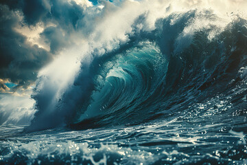 Generative ai on theme of a scary tsunami with huge foamy wave, apocalyptic dramatic background
