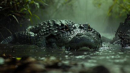 Obraz premium A crocodile lurking beneath the surface of a murky river, waiting patiently for unsuspecting prey to approach.