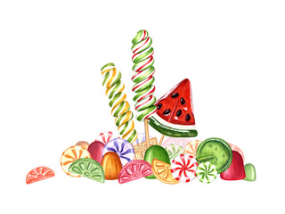 Mix colorful lollipop pile. Spiral lollipops, circle candies, bonbons with striped swirls, sugar watermelon caramel on stick. Sweetness food of various shape and taste. Watercolor illustration
