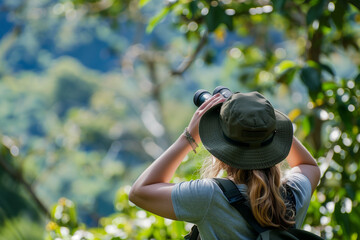 Naklejka premium Female Explorer with Binoculars Observing Wildlife in a Dense Forest