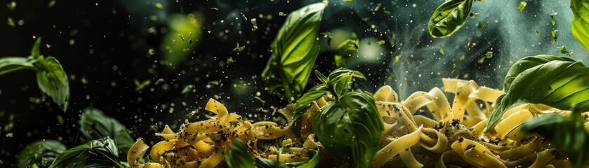 Glutenfree pasta creates a busy actionshot, spiraling amidst a burst of olive oil and gardenfresh basil on a stark black background