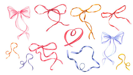 Set of colored bows with long ribbons. Fabric, textile tapes. Satin silk ribbon. Bow knot, drawstring. Watercolor illustration. Design element for decorating gifts, flower bouquets, Christmas package