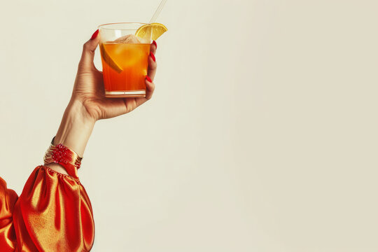 a vintage retro female hand holding a cocktail isolated on a plain background, 1960s and 70s style