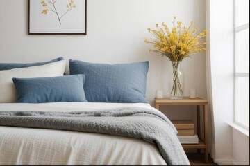 Cozy bedroom with linen bed and blue pillows, beige headboard against white wall with golden vase of dried flowers on side table
