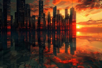 On a quiet Earth, the hollow skyscrapers reflected the fiery red sunset of a world moving past human history, scifi photo