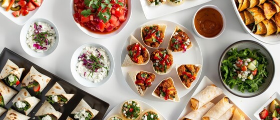 Relish in a unique food on white background top view, where an assortment of canapes and burritos are presented as an inviting, colorful feast