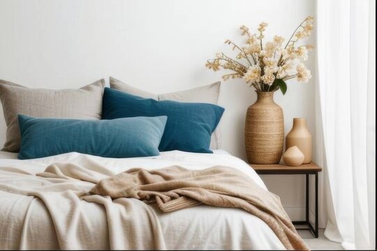 Cozy bedroom with linen bed and blue pillows, beige headboard against white wall with golden vase of dried flowers on side table