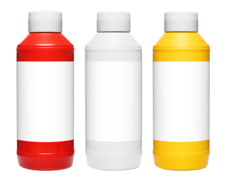 Set of red, white and yellow bottles with blank stickers containing ketchup, mayonnaise and mustard, cut out