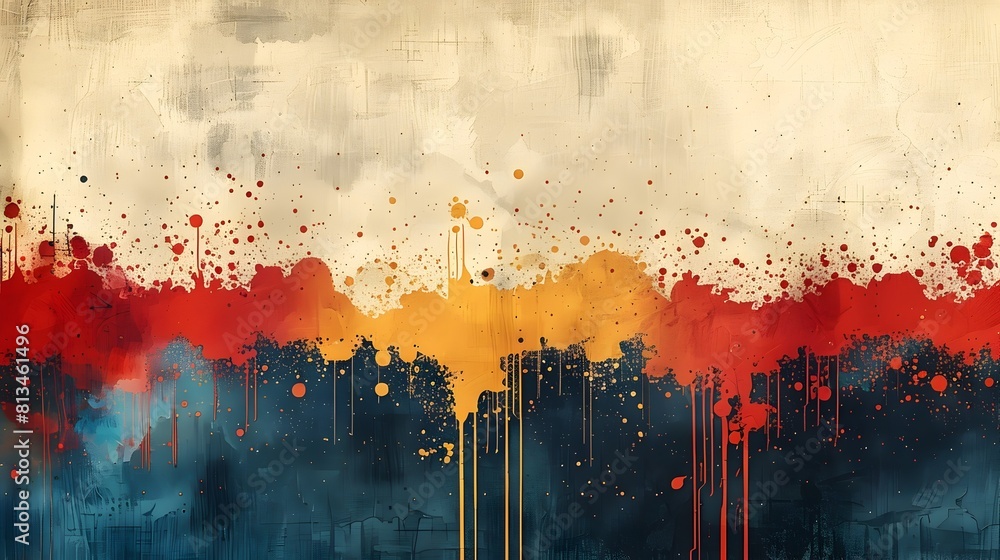Poster vibrant grunge cityscape with halftone dots and splattered paint textures in abstract digital artwor