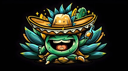 Cheerful Agave Plant Mascot Holding Tequila Bottle in Vibrant Desert Landscape