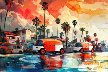 A painting depicting a bustling urban street scene, featuring various cars driving past tall palm trees under a clear sky