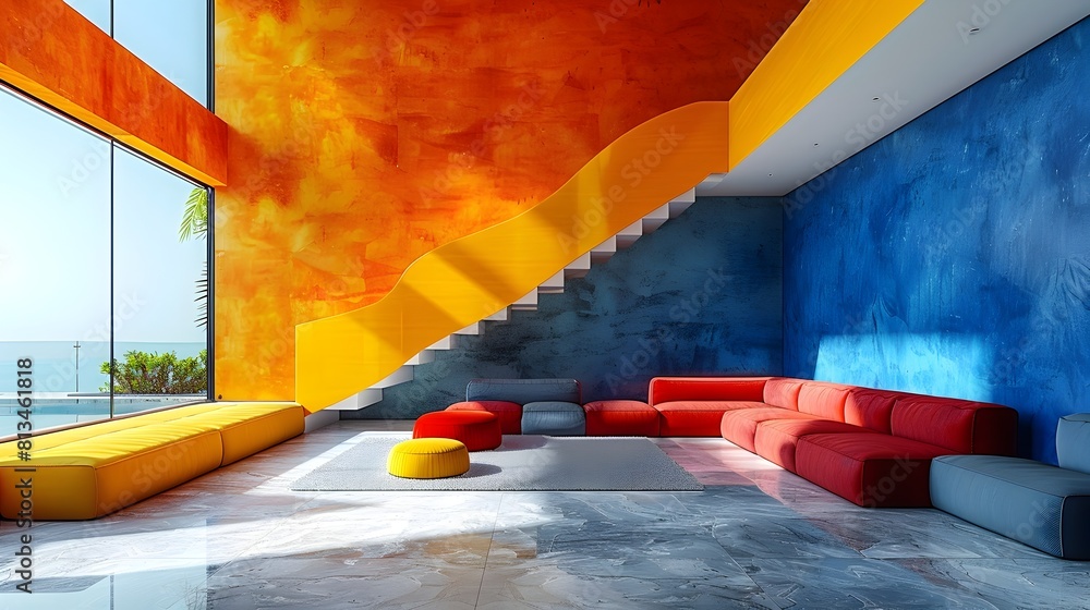 Poster Vibrant Geometric Interiors with Bold Color Blocking and Minimalist Design