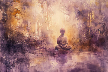 A watercolor painting featuring a Buddha figure standing in a lush forest setting, surrounded by tall trees and greenery