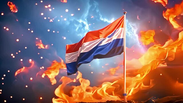 Dutch flag on fire in blue sky. Flag of The Netherlands on burning fire background. hard times concept. abstract 3D rendering. Fire flames Holland 4k