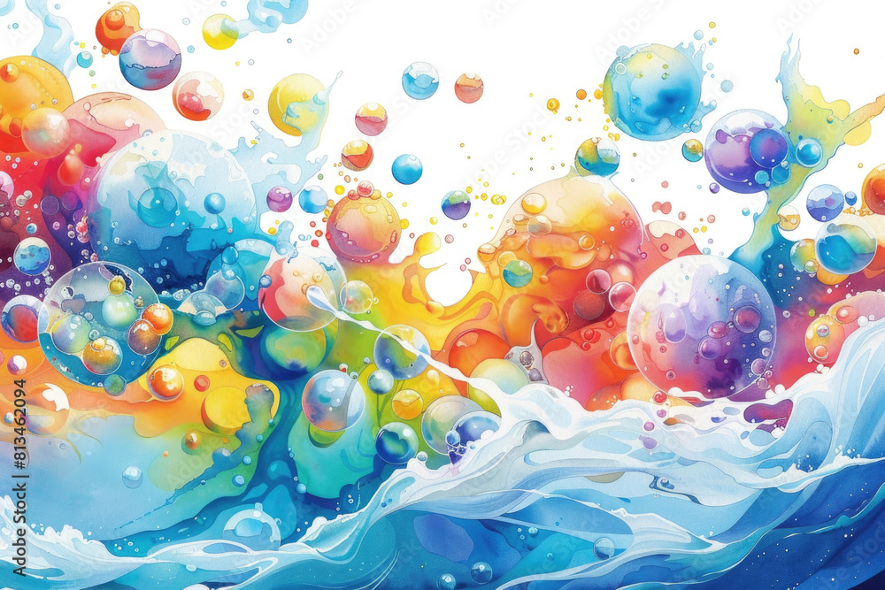 Poster A painting depicting vibrant bubbles of different colors bursting and splashing into clear water, creating a dynamic and lively scene