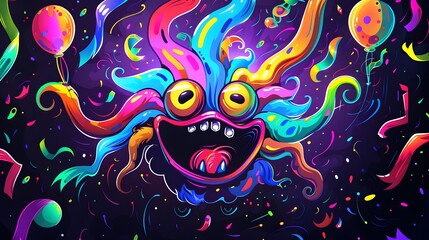 Colorful Fiesta Banner Mascot Waving in the Wind and Inviting to a with Festive and Confetti on Black Background