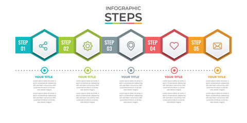 Concept of arrow business model with 5 steps. Five colorful graphic elements vector design.