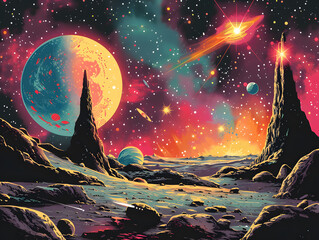 Obraz premium A retro comic-style outer space landscape, with colorful planets, swirling galaxies, and futuristic spacecraft, taking viewers on an intergalactic adventure filled with wonder.