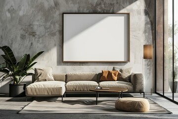 Blank picture frame hanging on concrete wall in modern living room interior with sofa stool and potted plant on floor.