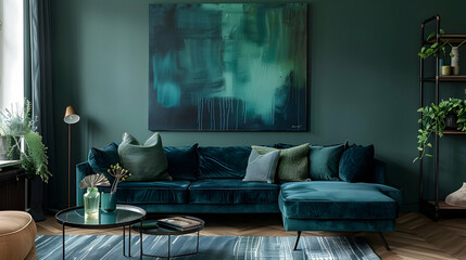 dark blue and dark green living room with sofa, large painting on the wall, scandinavian