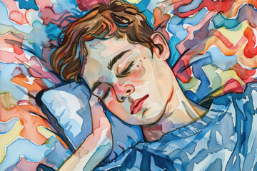 A watercolor painting of a young boy peacefully sleeping on a fluffy pillow
