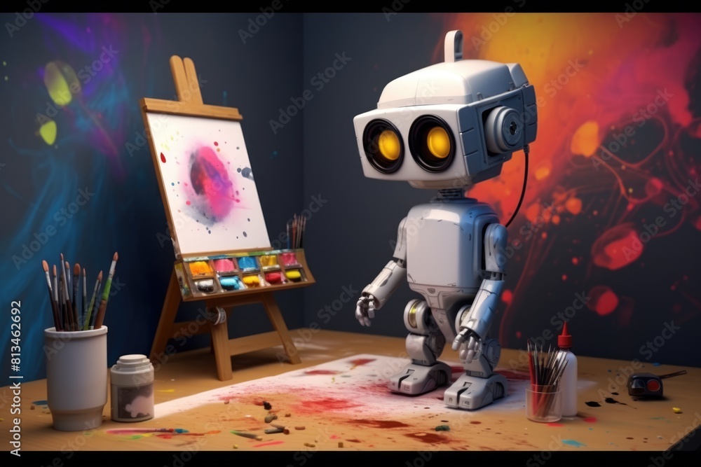 Poster concept of generative ai art technology, robot painting picture in studio. comeliness