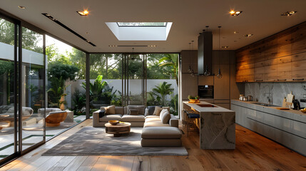 Obraz premium Bright and Airy Modern Kitchen Room with Sleek Interior Design and Comfortable Furnishings