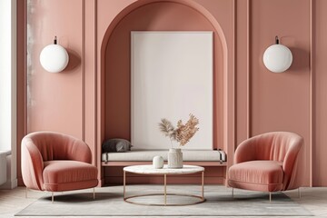 Pink room two armchairs and a coffee table.