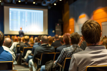 View from Behind the Audience at a Financial Seminar Presentation