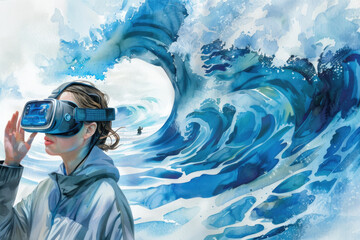 A woman with a VR headset stands in front of a crashing wave, immersed in virtual reality experience