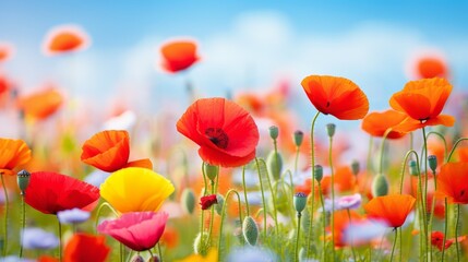 Obraz premium Beautiful closeup of poppies poppy Papaver rhoeas flowers in nature. Natural spring summer landscape with red poppies