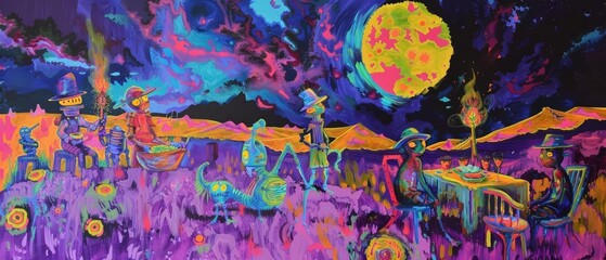 Visualizing an alien picnic on a purple grassy knoll under a threesunned sky, with participants enjoying bizarre, alien cuisine, in a bold, abstract expressionist style