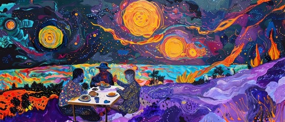 Visualizing an alien picnic on a purple grassy knoll under a threesunned sky, with participants enjoying bizarre, alien cuisine, in a bold, abstract expressionist style