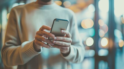 Man using smartphone indoors with blurred background lights at evening.