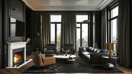 Modern classic living room with black walls, white fireplace and large windows, dark gray curtains,...