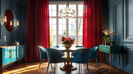 Modern dining room with a wooden table and blue chairs, red curtains on the window, a golden chandelier above it, a green sideboard near the wal