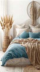 Cozy bedroom with linen bed and blue pillows, beige headboard against white wall with golden vase of dried flowers on side table