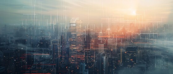 Fototapeta premium A conceptual image of a cyberpunk cityscape where traditional buildings are meshed with digital enhancements