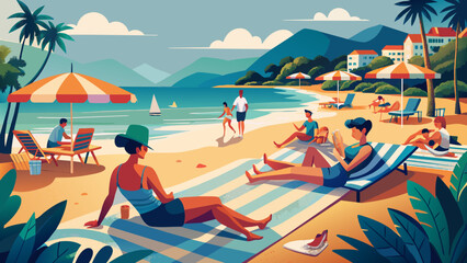 Obraz premium Tropical Beach Vacation: Leisure Time by the Sea with Sunbathers and Palm Trees