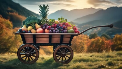 fruit, cart, food, garden, flowers, wheel, basket, bicycle, wooden, apple, nature, vintage, autumn, old, orange, fresh, wood, plant, colorful, grass, spring, wheelbarrow, bouquet, carriage